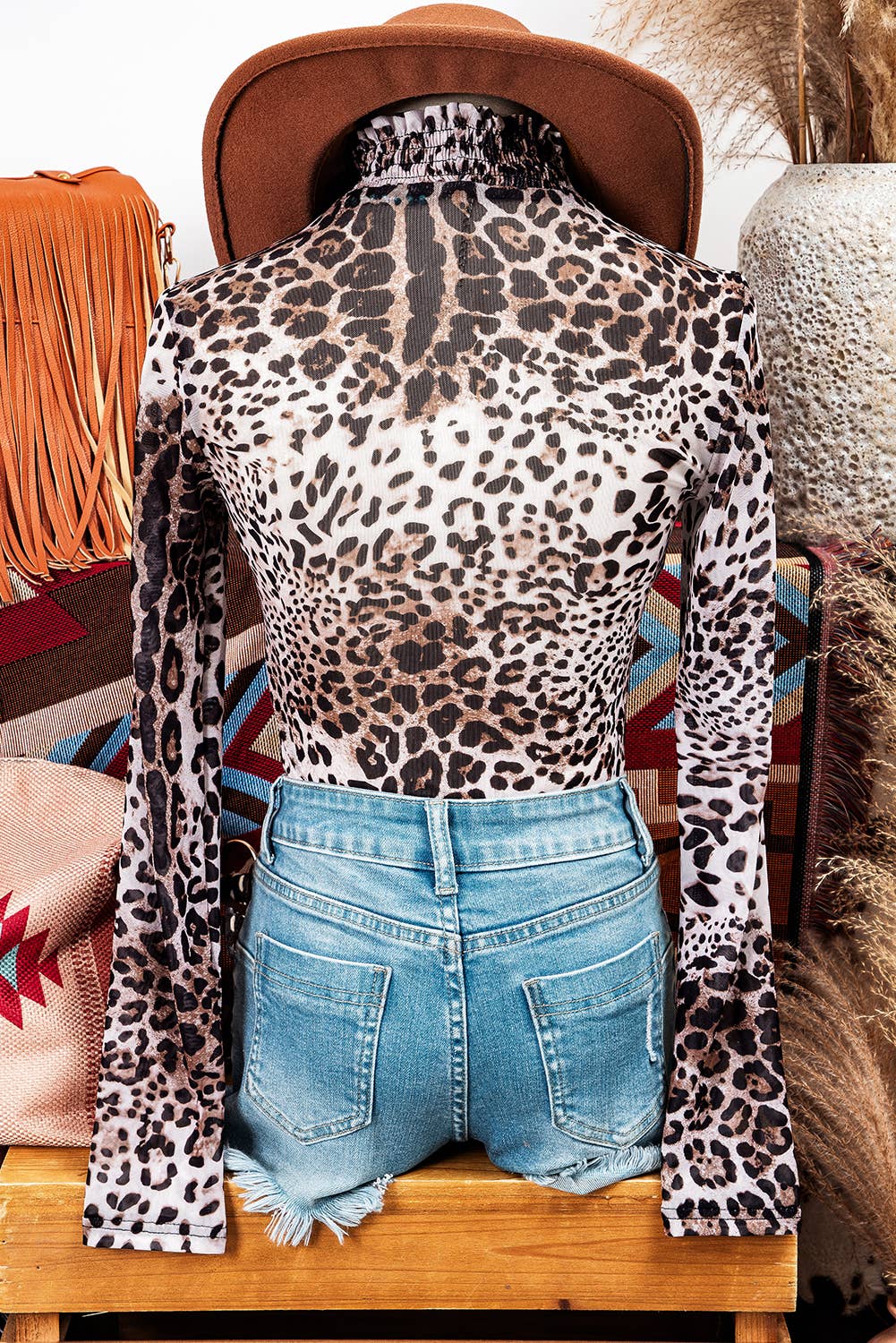 Fashion Western Leopard Smock Neck Mesh Long Sleeve Bodysuit