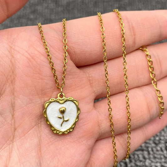 Flower Enamel Heart Charm 18K Gold SS Necklace