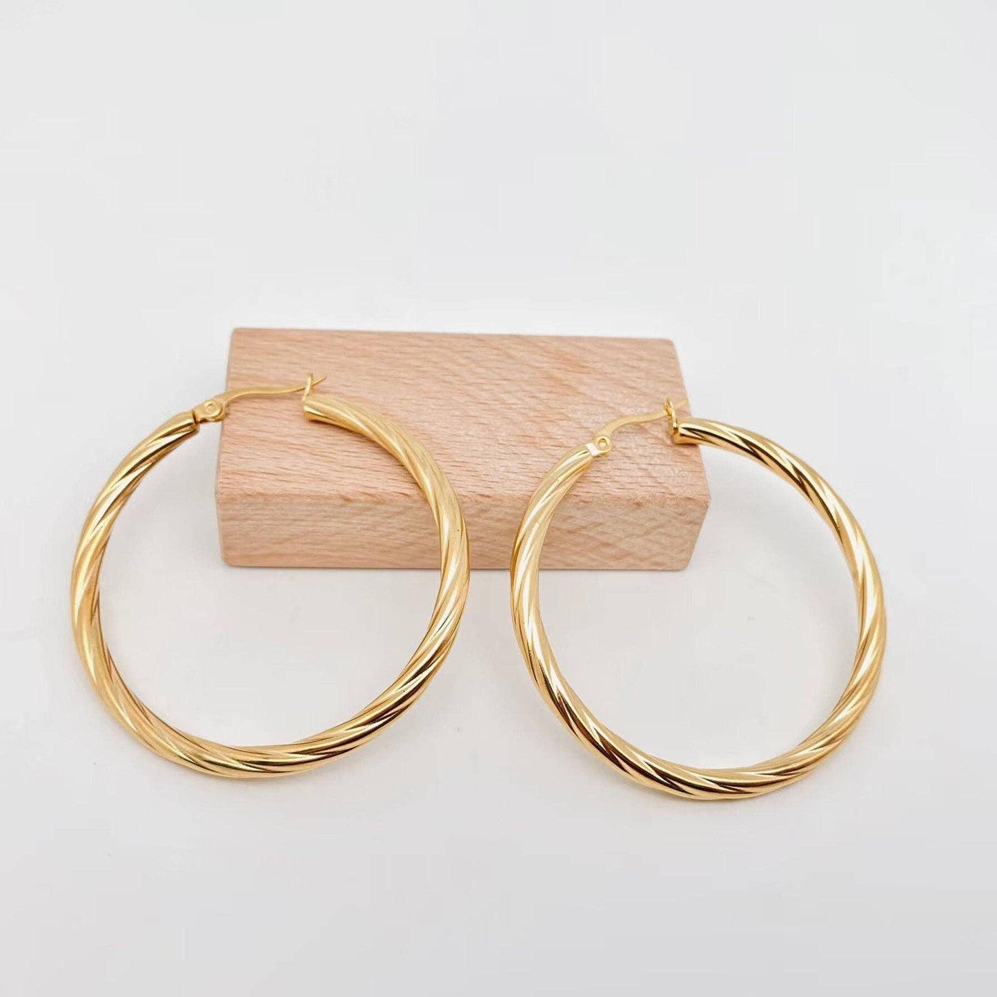 18K Gold Plated Stainless Steel Cable Hoop Earrings - FGS