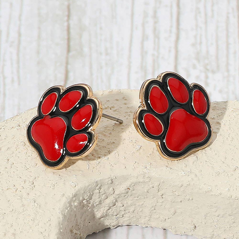 Black and Red Enamel Paw Stud Earrings
