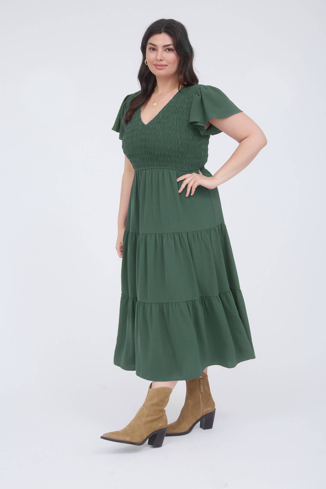 Plus Flutter Sleeve Smocked Midi Dress