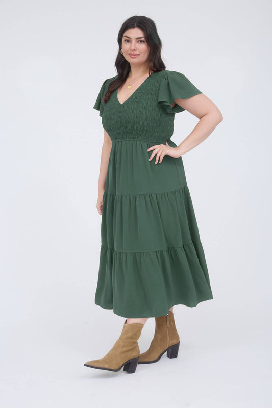 Plus Flutter Sleeve Smocked Midi Dress