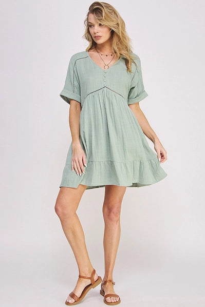 Textured  V-Neck Short Dress, Sage