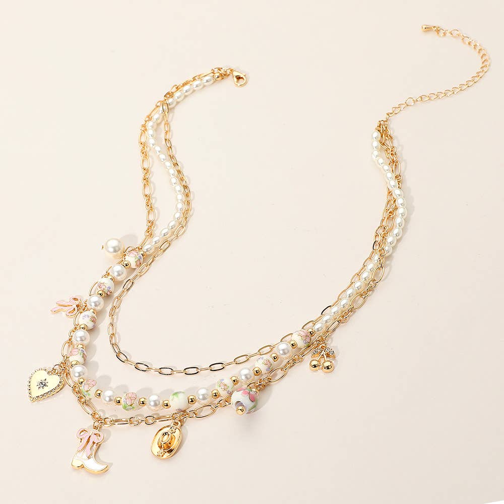 Western Cowboy Boot Hat Bow Cherry Heart Charm Station Pearl Floral Ceramic Ball Beaded Layered Necklace: Gold,Pink