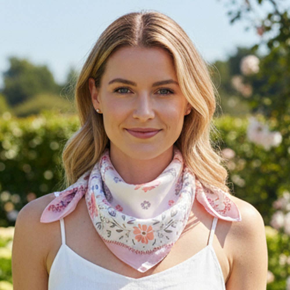 Floral Framed Border Printed Square Silky Satin Bandana Scarf