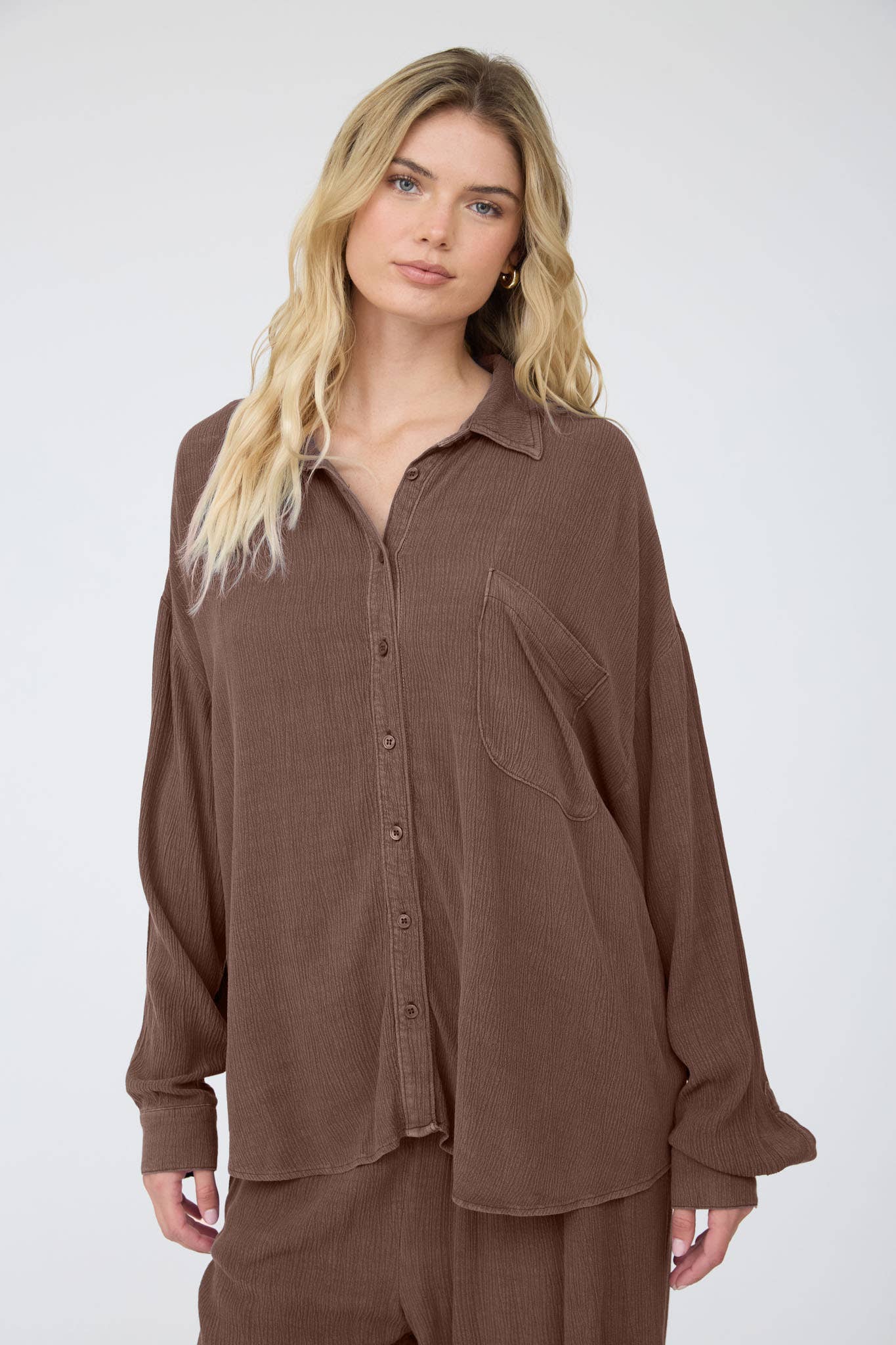 Crinkle Plisse Collard Button Down Shirt