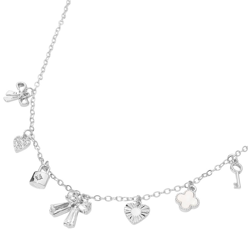 Gold Dipped Bow Quatrefoil Lock Heart Charm Station Necklace