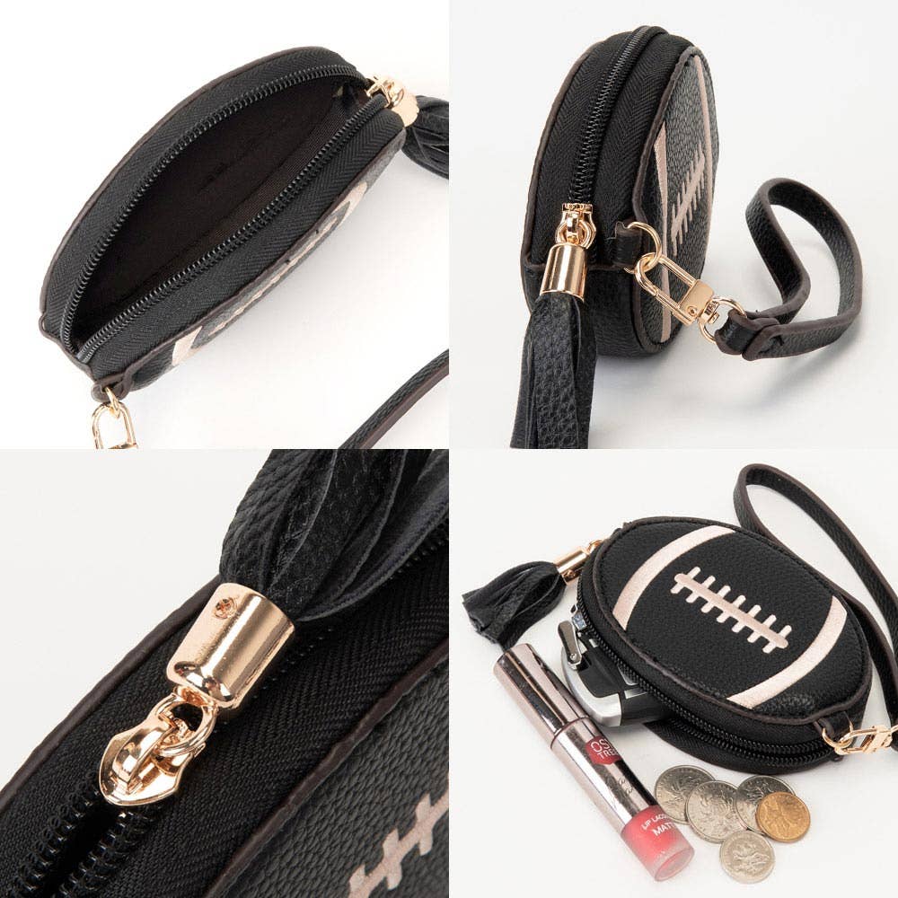 Faux Pebble Leather Football Round Zip Wrist Strap Coin Purse Bag