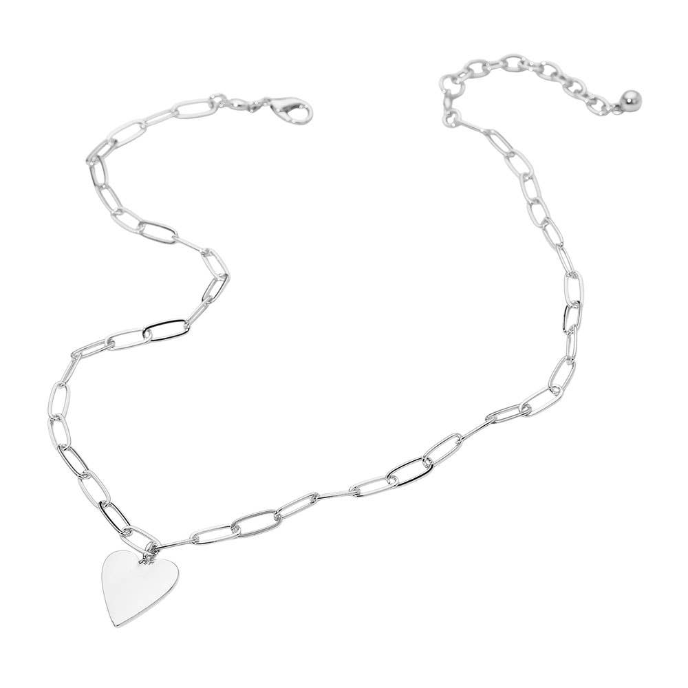 Gold or Silver Metal Heart Pendant Paperclip Chain Necklace