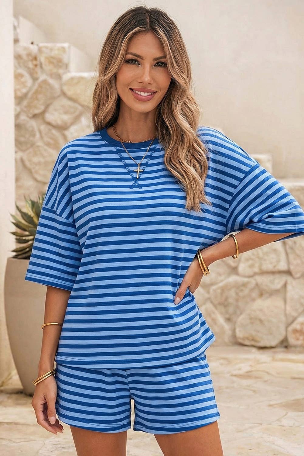 Stripe Dropped Shoulder Tee Loose 2pcs Set