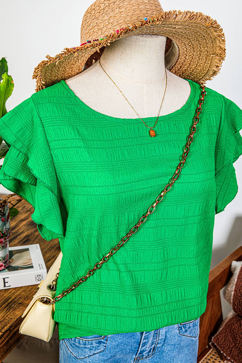 Fashion-W Textured Ruffled Sleeve Round Neck Top