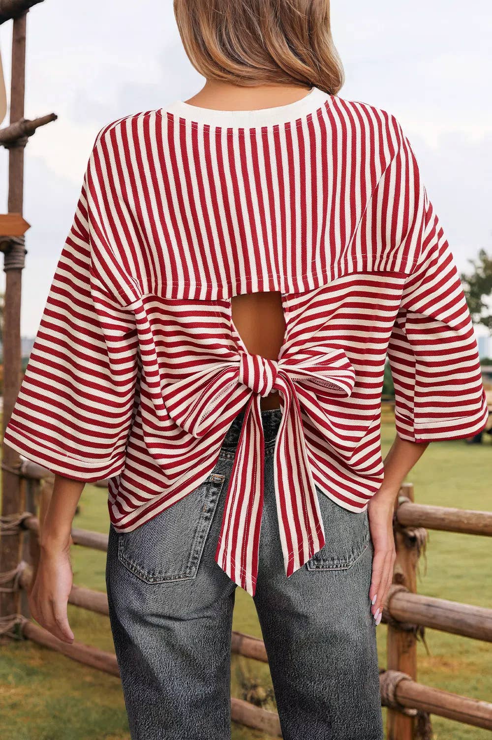 Stripe Bow Cutout Drop Shoulder Loose Tee