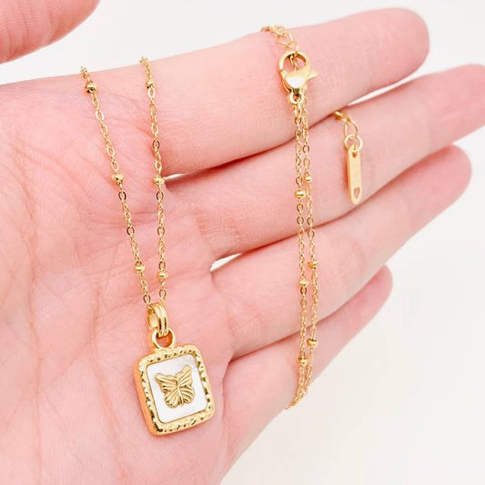 Butterfly Shell Square Charm 18K Gold-plated Necklace