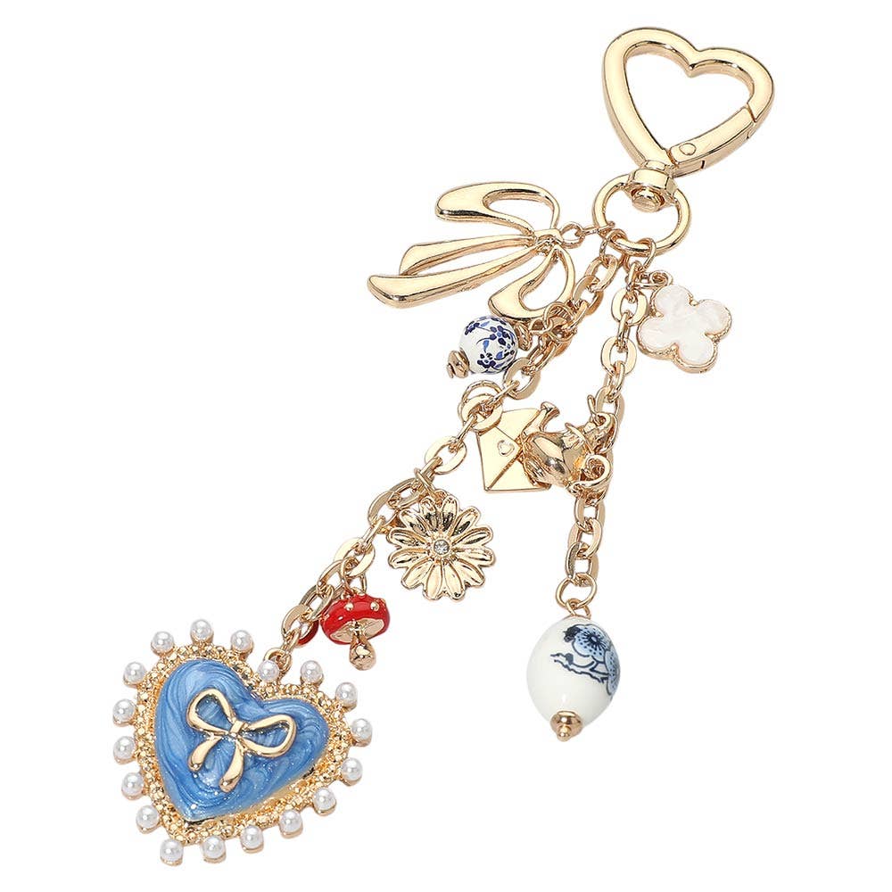 Pearl Trip Bow Heart Charm Drop Quatrefoil Flower Mushroom Envelope Charm Embellished Keychain Bag Charm
