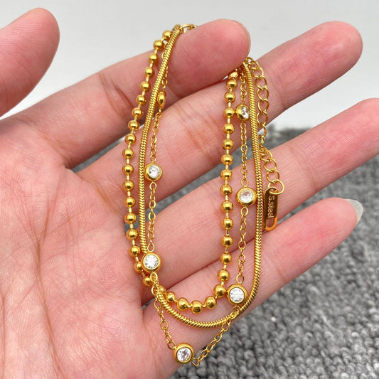 Inlaid CZ 3-layer 18K Gold-plated Steel Chain Bracelet - FGS
