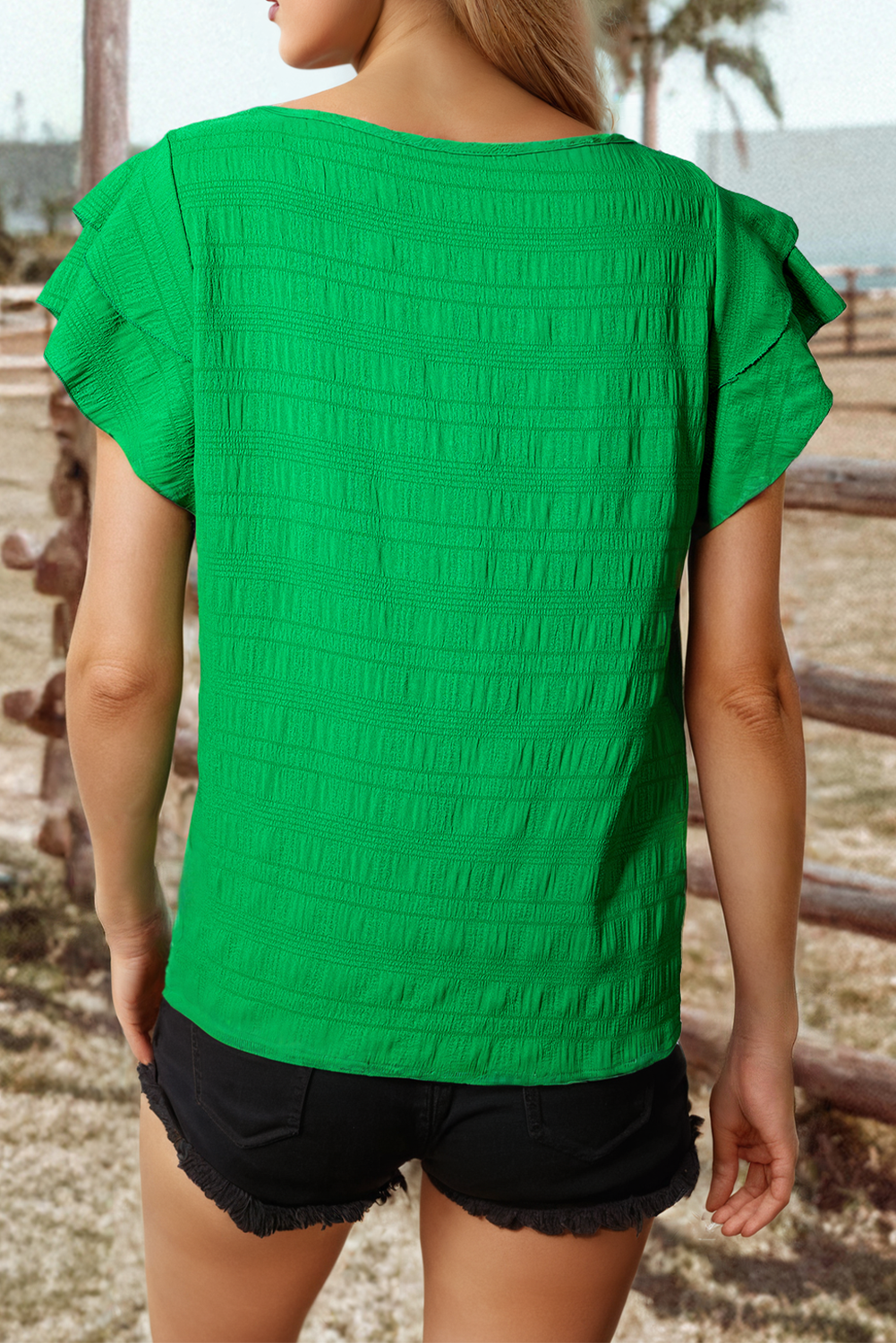 Fashion-W Textured Ruffled Sleeve Round Neck Top