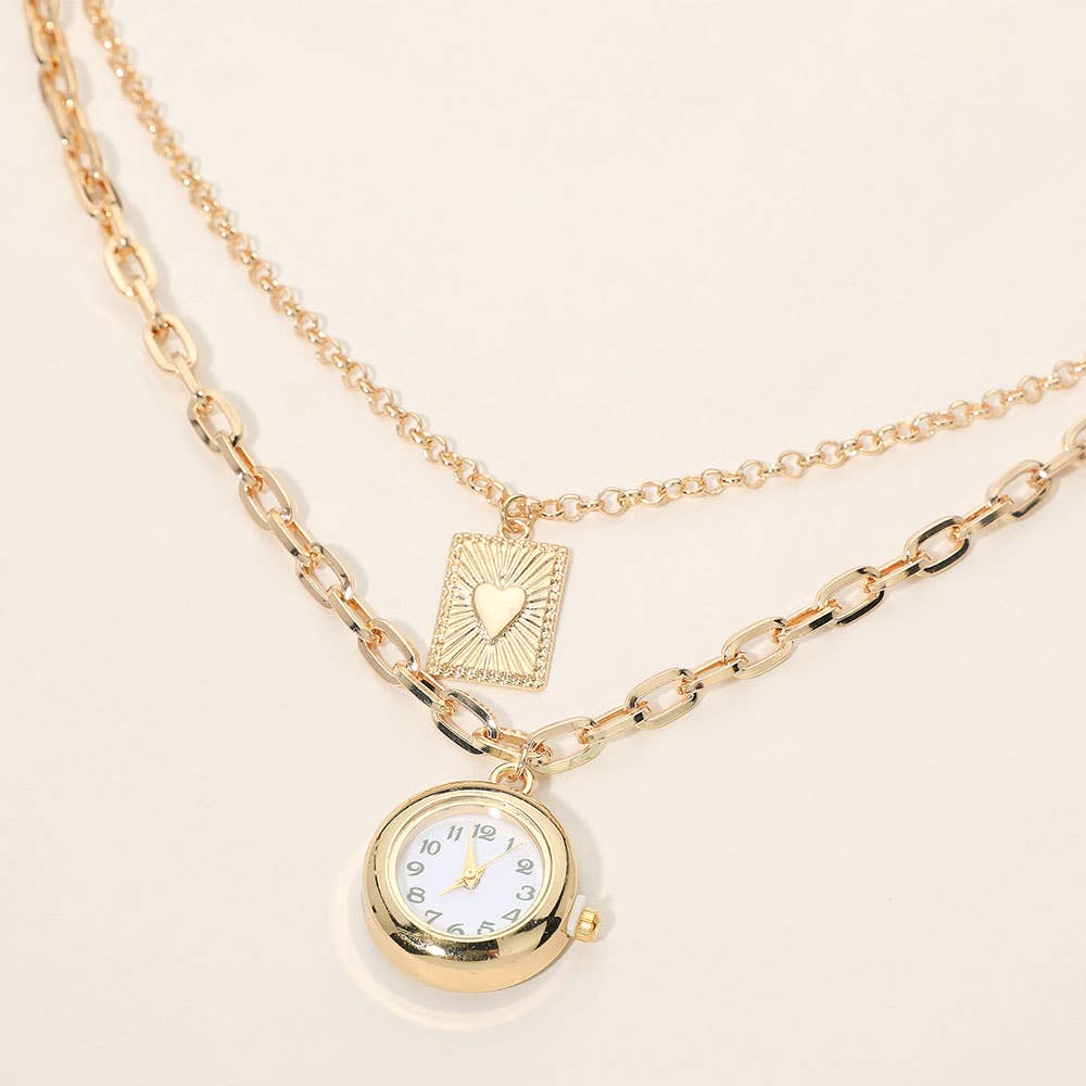 Watch Heart Plate Pendant Layered Chain Necklace
