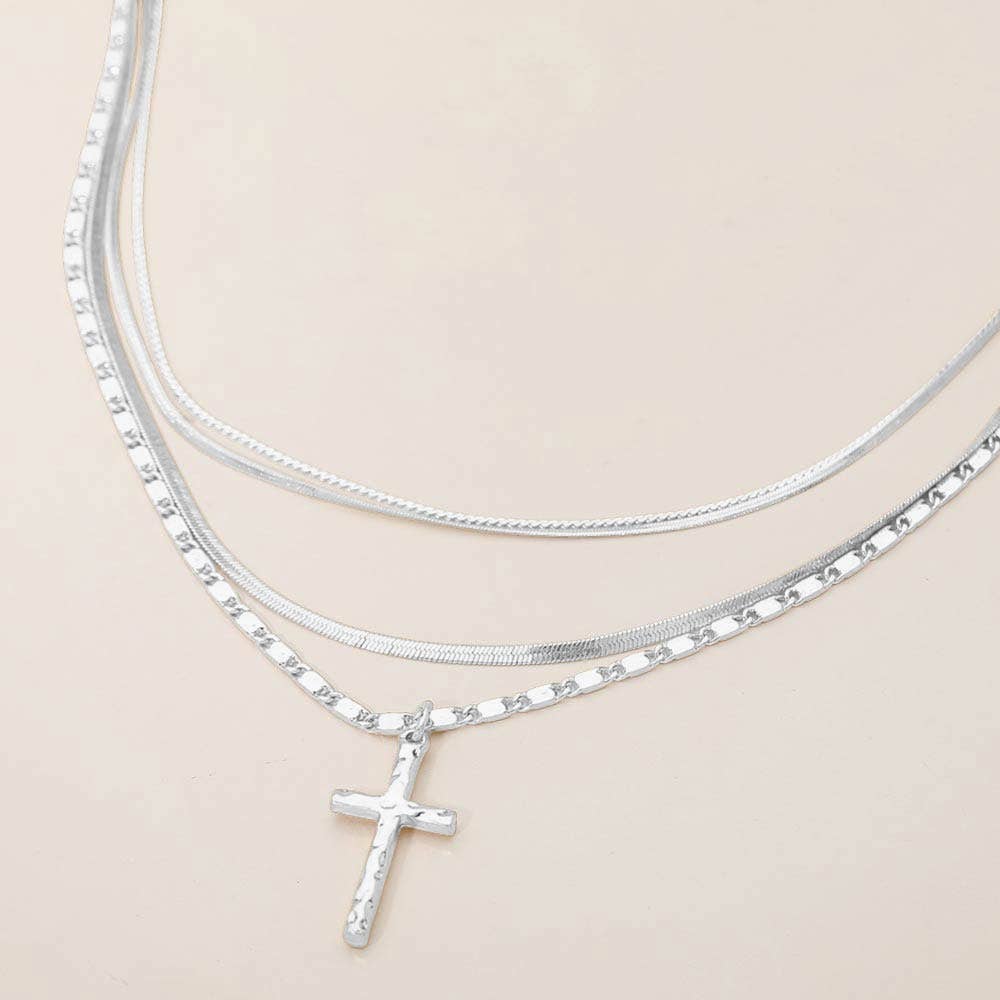 Cross Pendant Accent Layered Chain Necklace