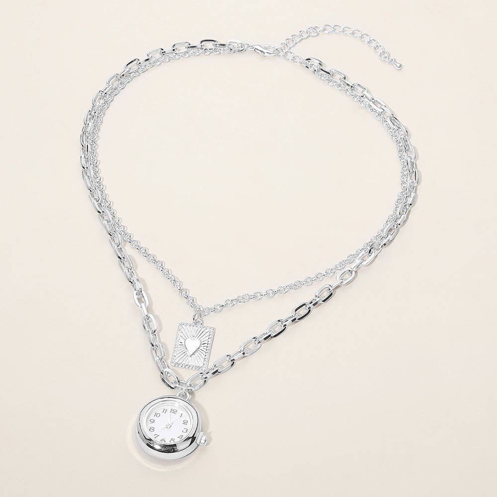 Watch Heart Plate Pendant Layered Chain Necklace