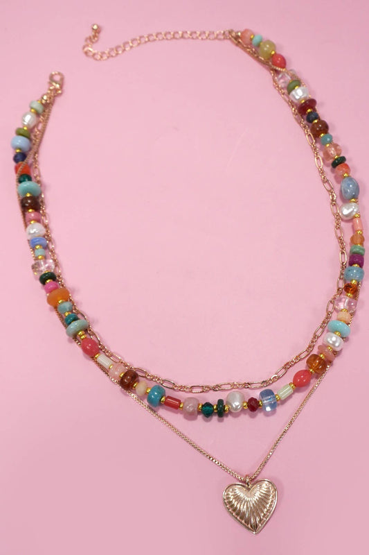 MULTI LAYERED BEADED HEART NECKLACE
