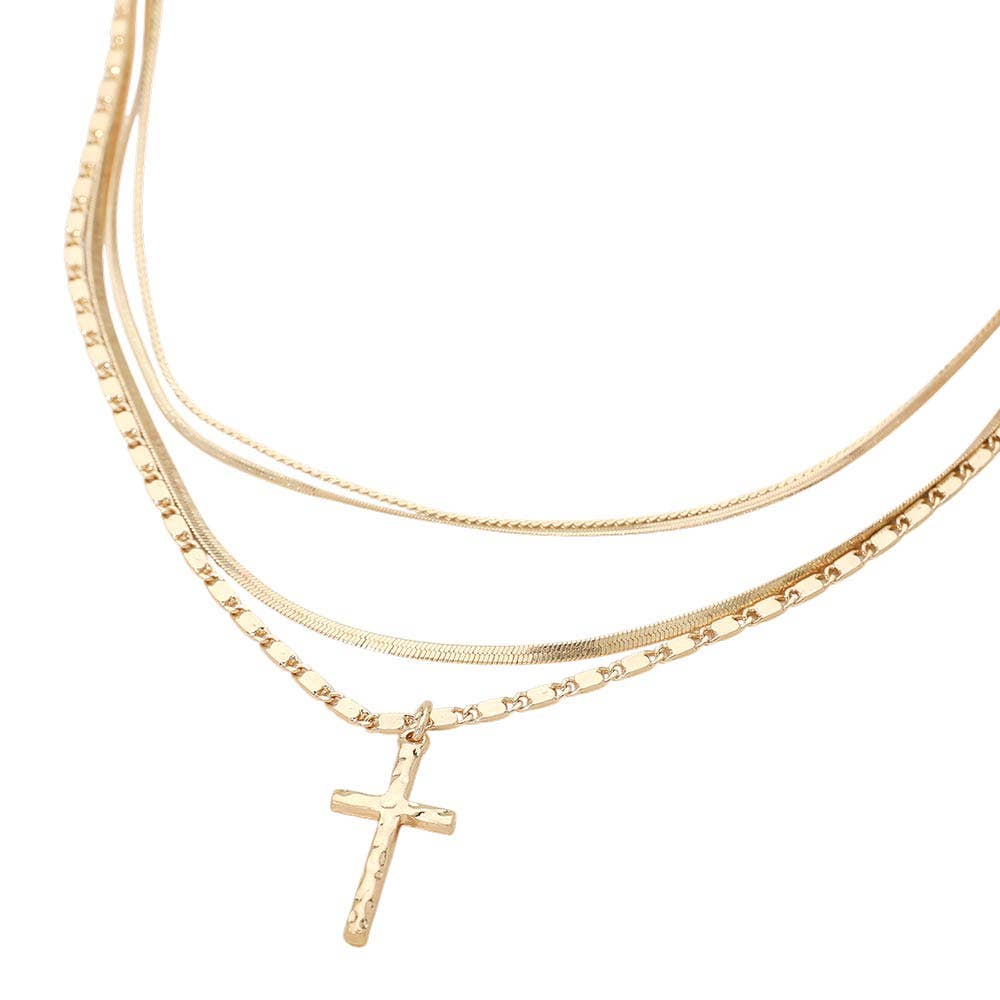 Cross Pendant Accent Layered Chain Necklace