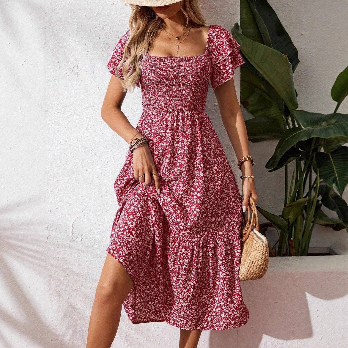 Floral Smocked Short Sleeve Maxi Dress