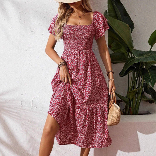 Floral Smocked Short Sleeve Maxi Dress