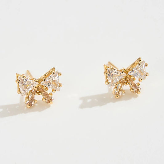 14K Gold Dipped CZ Stone Mini Bow Stud Earrings