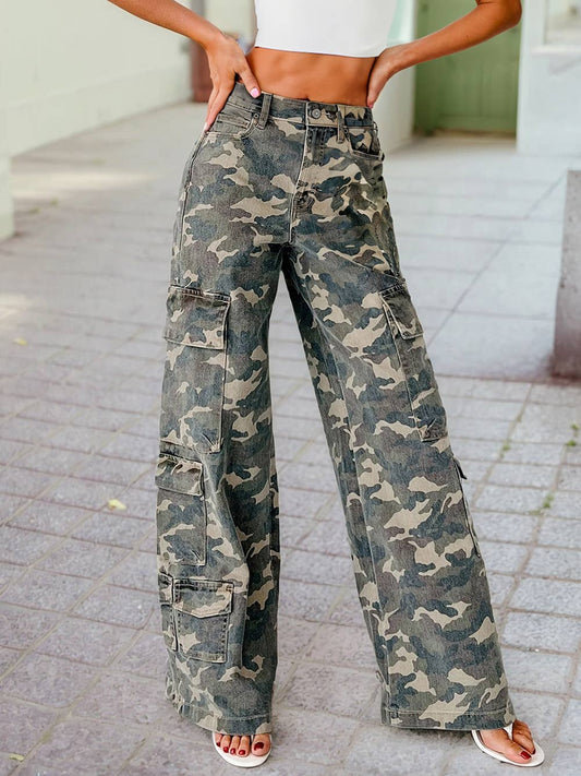 Camo Denim Cargo Wide Leg Pants