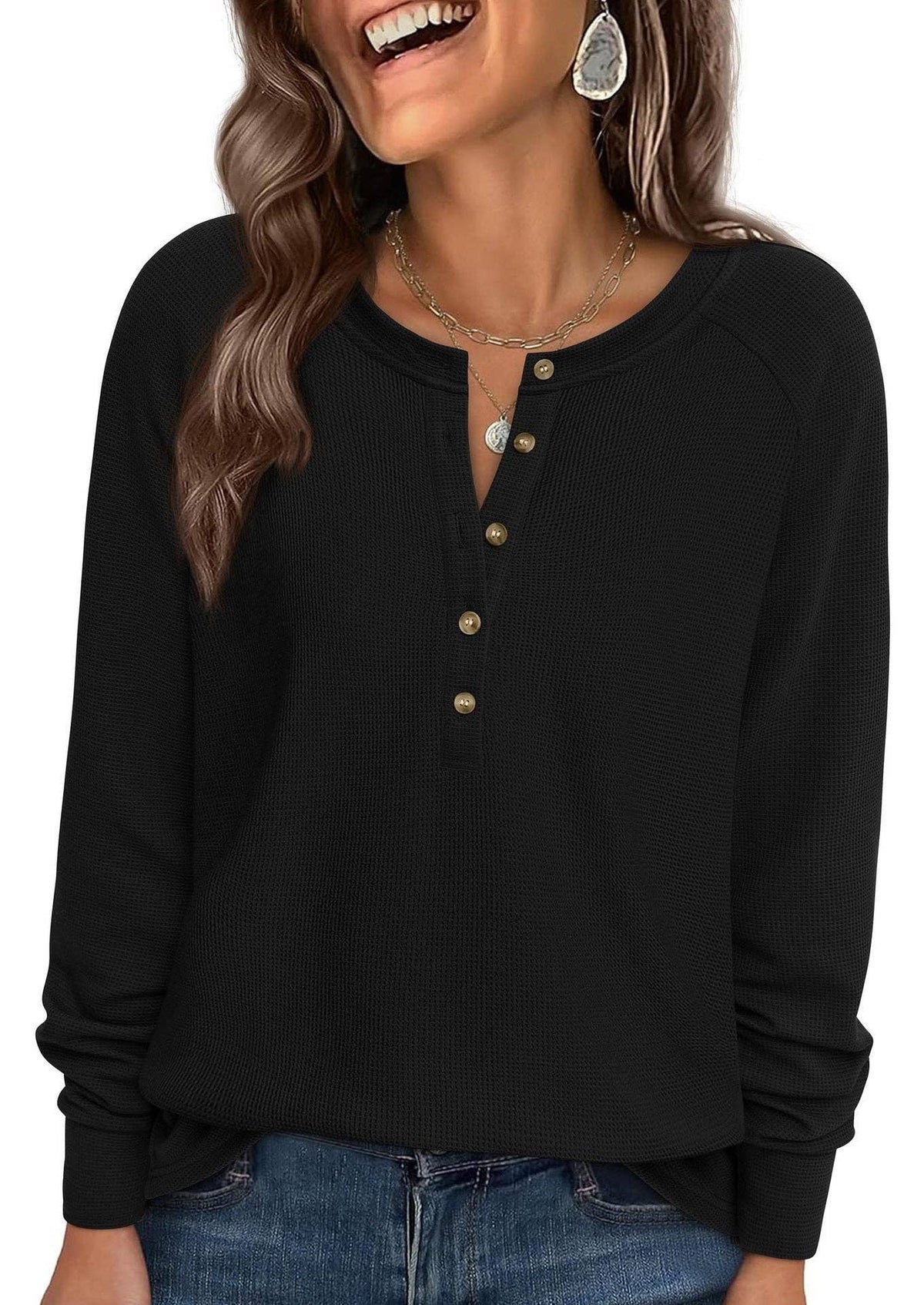 Button Front Waffle Knit Long Sleeve Top