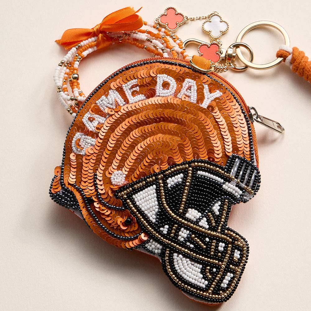 GAME DAY Helmet Sequin Beaded Keychain Pouch