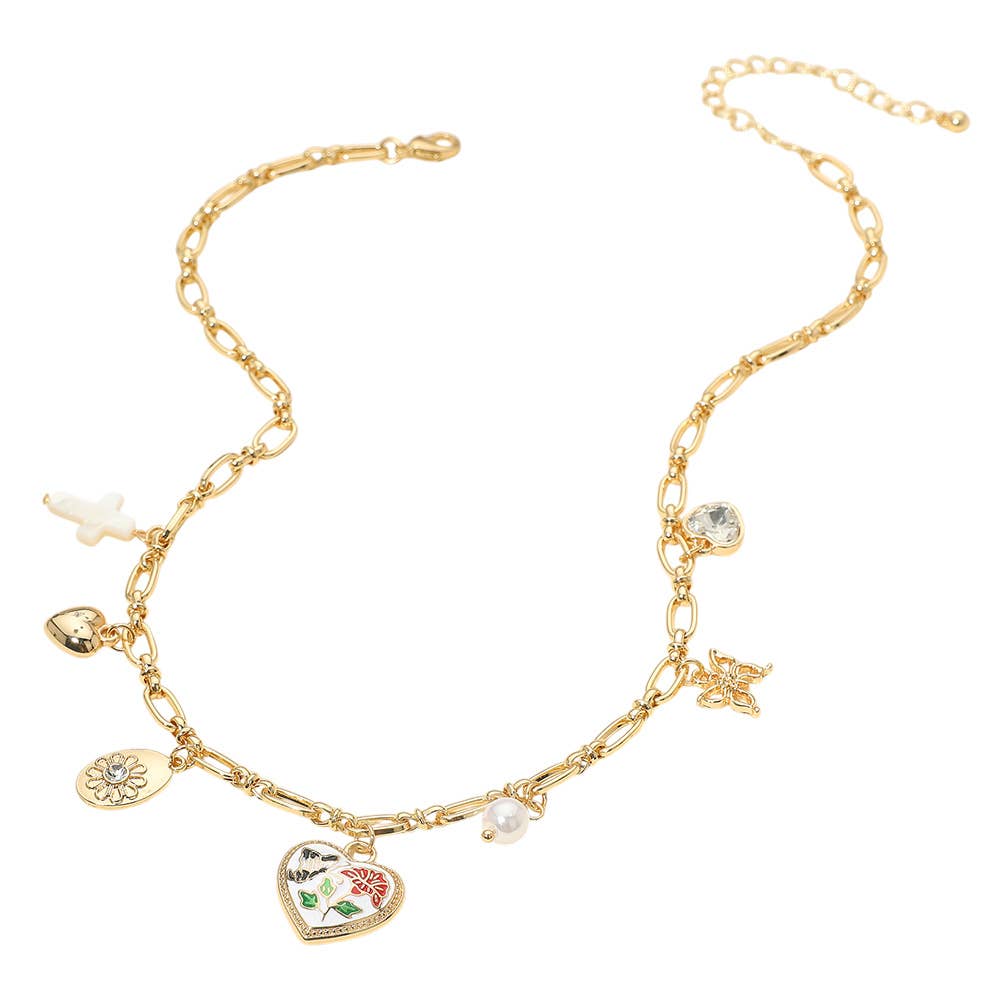Butterfly Flower Enamel Detailed Heart Pendant Charm Station Necklace