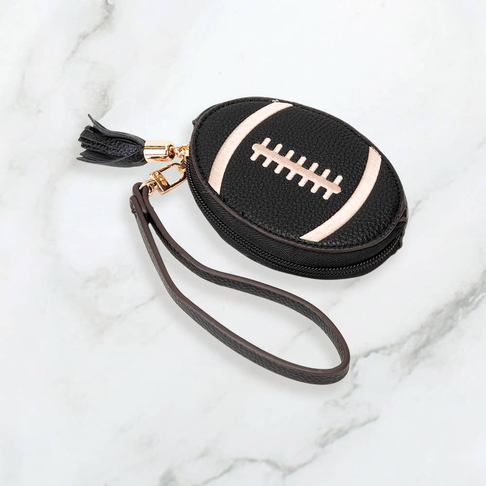Faux Pebble Leather Football Round Zip Wrist Strap Coin Purse Bag