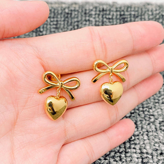 18K Gold Plated Heart Charm Bow Post Earrings