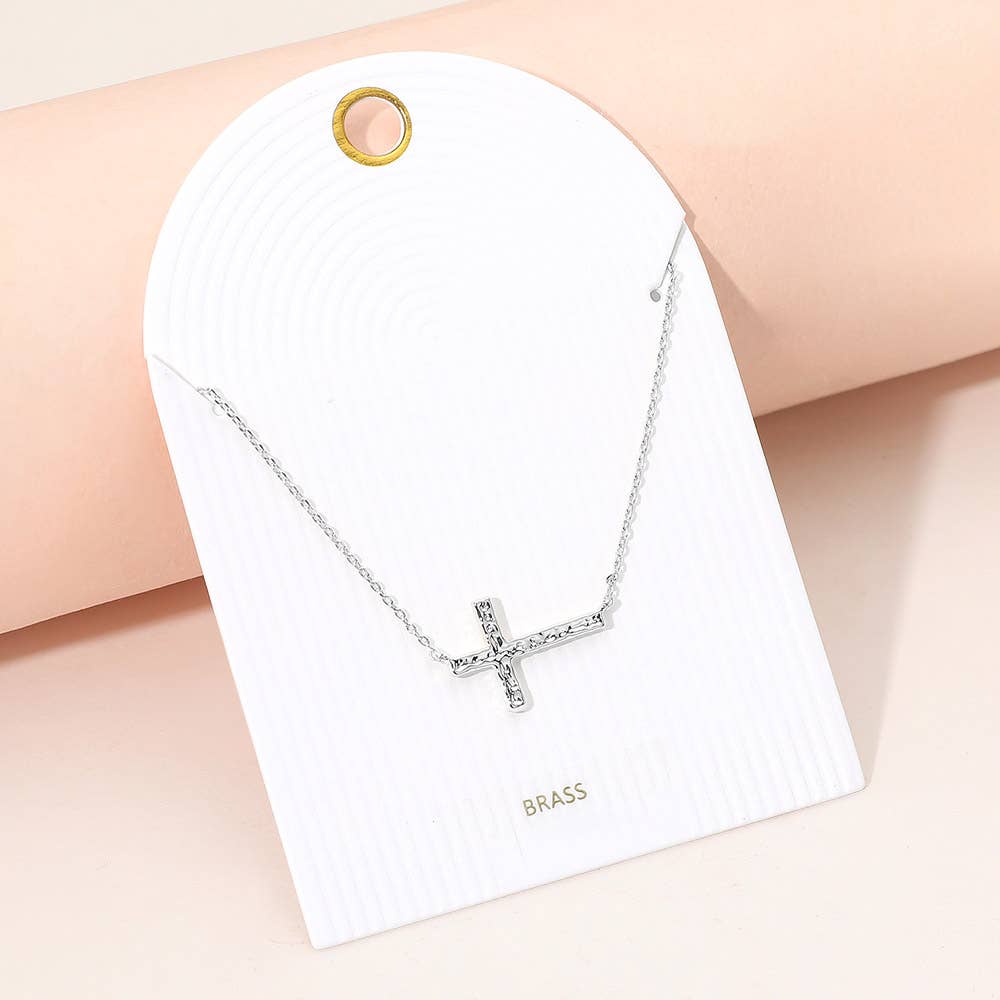 Gold or Silver Hammered Metal Sideways Cross Pendant Necklace