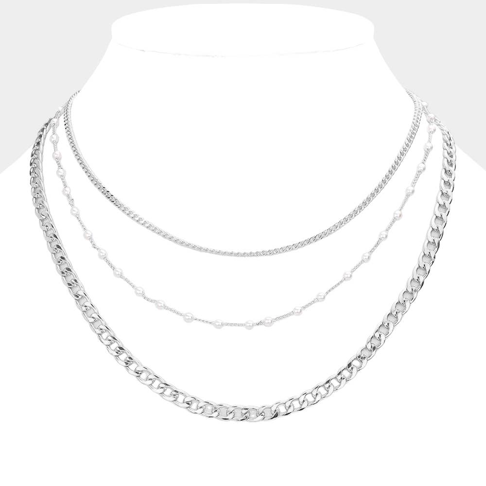 Tiny Pearl Metal Chain Link Triple Layered Bib Necklace