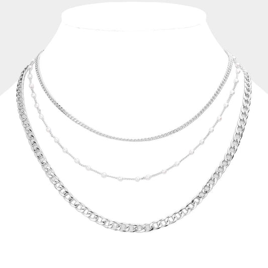 Tiny Pearl Metal Chain Link Triple Layered Bib Necklace
