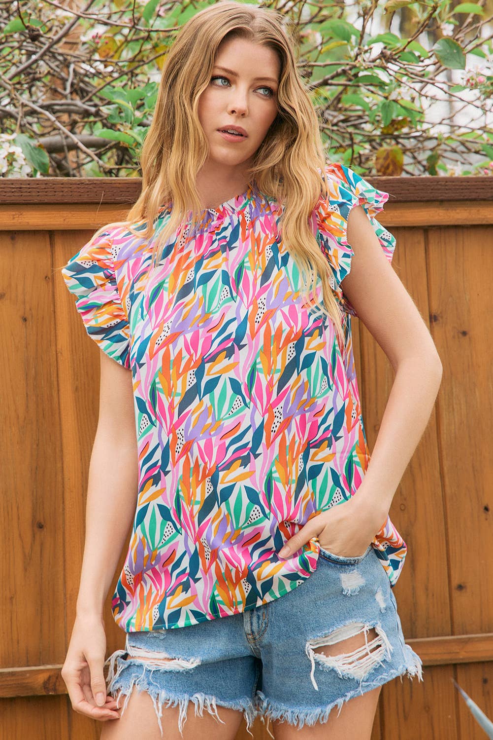 Floral Print Ruffled Flutter Sleeve Blouse