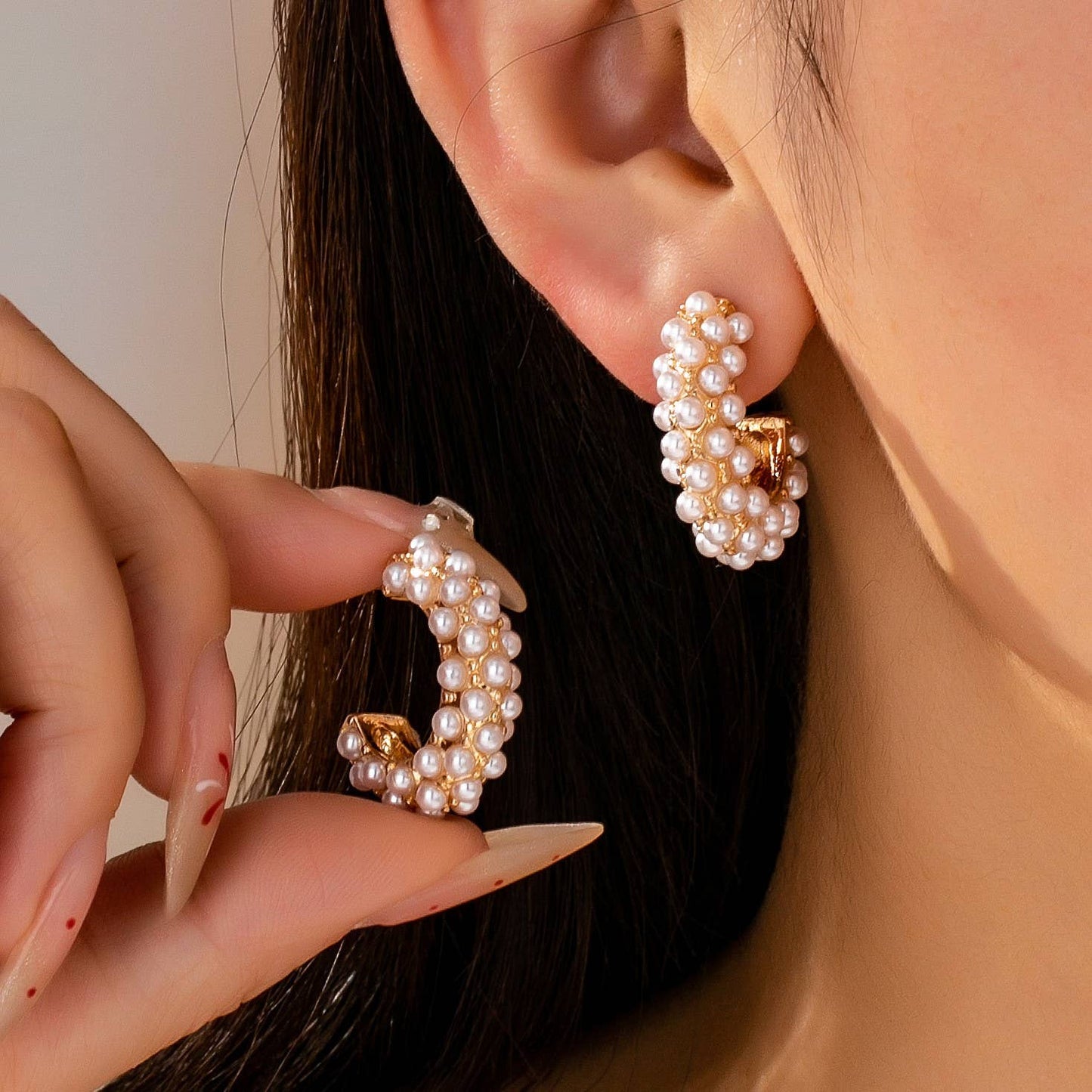 Gold-Tone Multi-Pearl C-Hoop Earrings | 80E61992