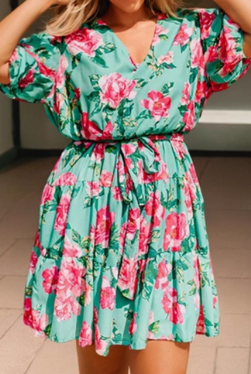 Plus Blue Floral Puff Sleeve Dress