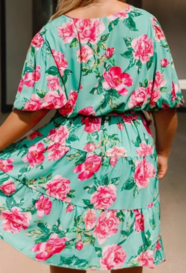 Plus Blue Floral Puff Sleeve Dress