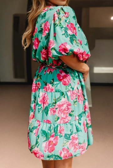 Plus Blue Floral Puff Sleeve Dress