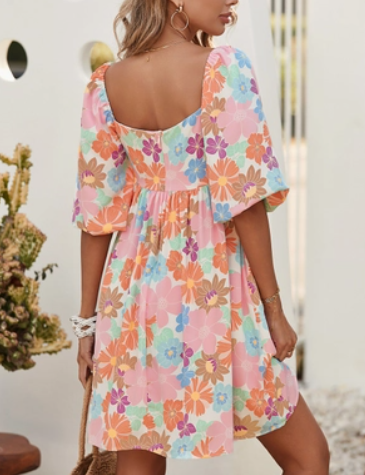 Floral Bubble Sleeve Dress