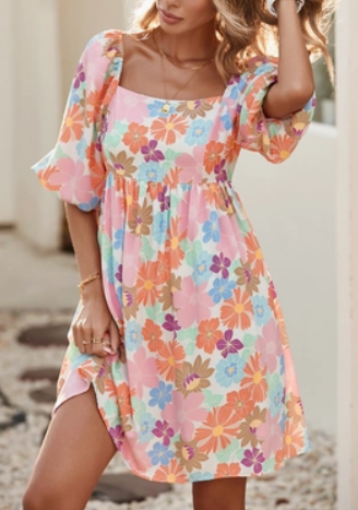 Floral Bubble Sleeve Dress