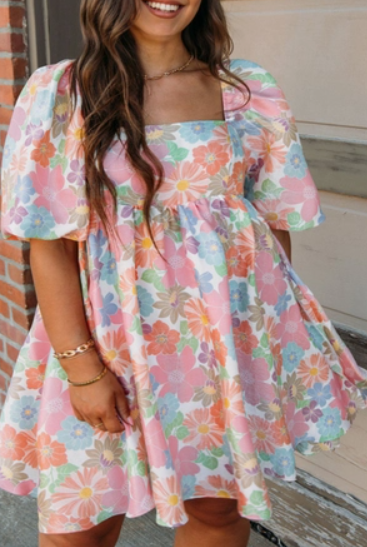 Plus Floral Bubble Sleeve Dress