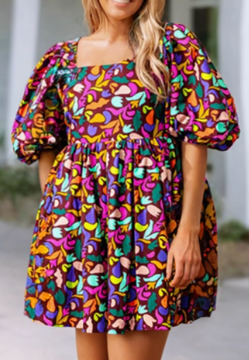 Plus Colorful Bubble Sleeve Dress