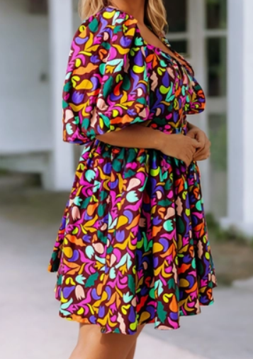 Plus Colorful Bubble Sleeve Dress