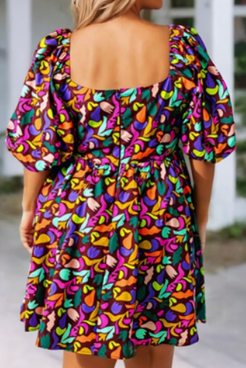 Plus Colorful Bubble Sleeve Dress