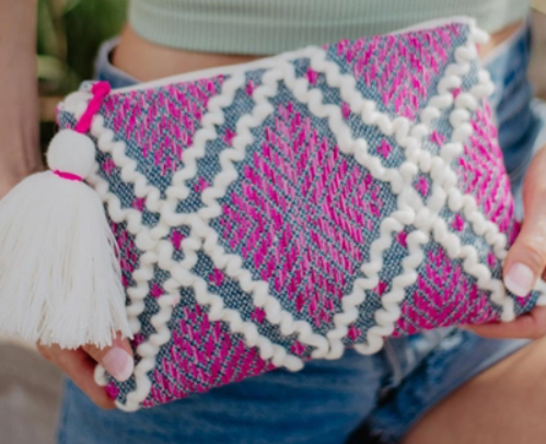 Pink and Charcoal Zipper Bag with Tassel