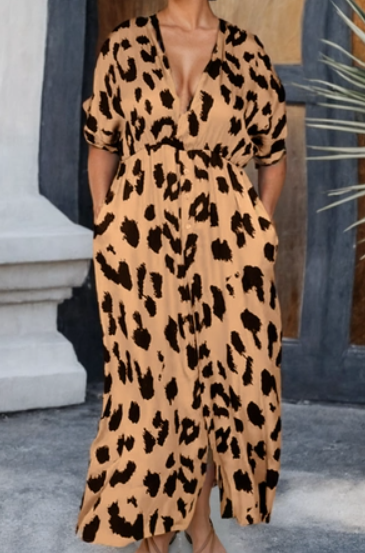 Plus Leopard Print High Waist Long Dress